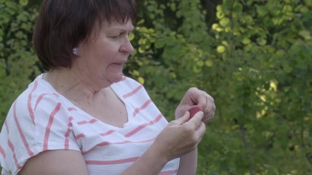 Schöne Aufnahme einer Dame mittleren Alters, die eine Erdbeere isst. — Stockvideo