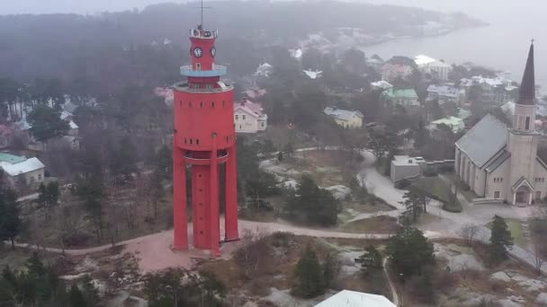 Beautiful aerial shot of a red water tower in Hanko Finland. — Stock Video