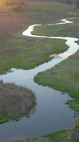 Sakin bir nehir, gün batımının sıcak tonlarını yansıtan canlı yeşil bir arazide kıvrılır. Sahne, su ve bitki örtüsünün zengin dokularıyla doğanın güzelliğini yakalar. Ao, Estonya.