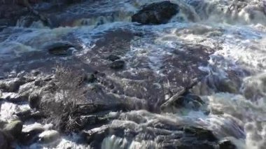Güneşli bir günde hızlı akıntıların muhteşem görüntüsü. Kayaların arasından akan güzel bir nehir. İnsansız hava aracıyla birlikte hava jeolojisi yavaş yavaş ilerliyor..