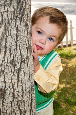 İyi giyimli oğlan karışık yüz ağacın arkasında