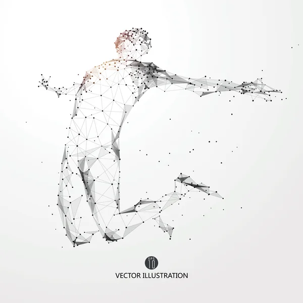 Ugrás férfi, pontok, vonalak és csatlakoztatott alkotják, vektoros illusztráció. — Stock Vector