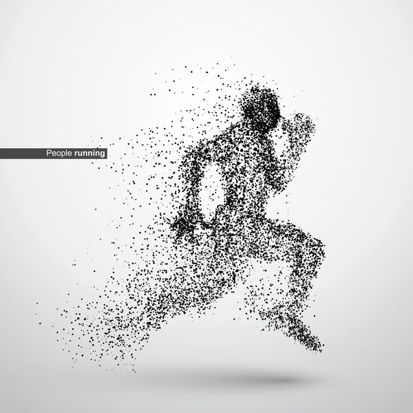 People running, particle divergent composition, vector illustration