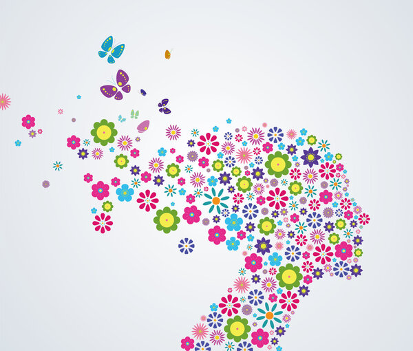 Woman's head, Beautiful flower composition.