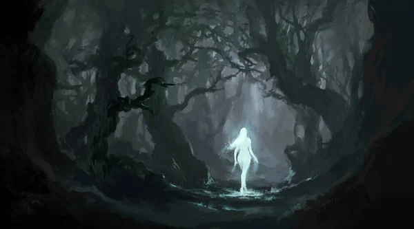 天使在宁静的原始森林里 数码绘画 — 图库照片