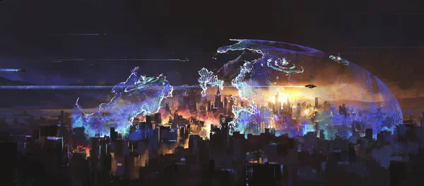 Miasto Zaatakowane Przez Kosmitów Ilustracja Science Fiction — Zdjęcie stockowe