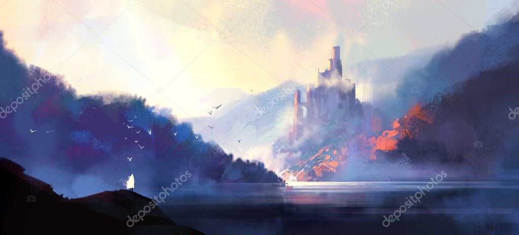 Fantasy style medieval castle, digital illustration.