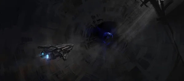 Kleines Raumschiff Segelt Einer Verlassenen Raumstation Illustration — Stockfoto
