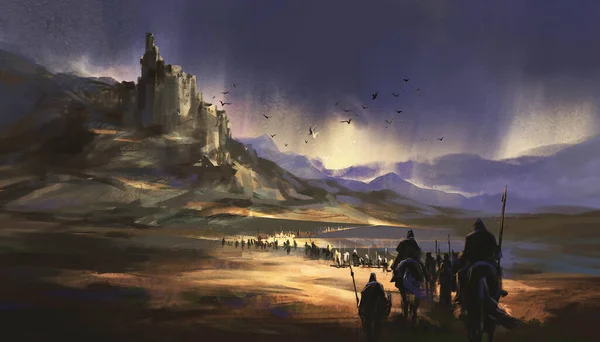 Легион Марширует Средневековому Замку Иллюстрация — стоковое фото