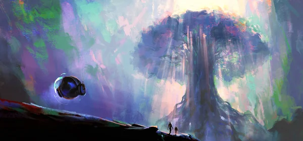 Кулястий Літак Стоїть Під Гігантським Деревом Чужій Землі Ілюстрація — стокове фото