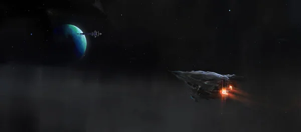 Das Kleine Raumschiff Steuert Das Blauen Planeten Angedockte Raumschiff Illustration — Stockfoto