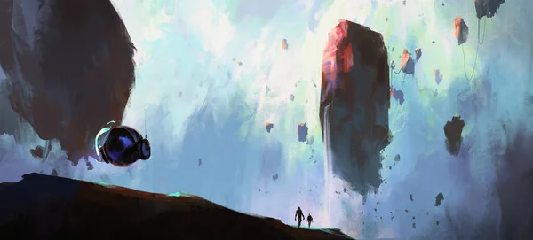 Ein Riesiger Felsbrocken Schwebt Auf Einem Fremden Planeten Illustration — Stockfoto