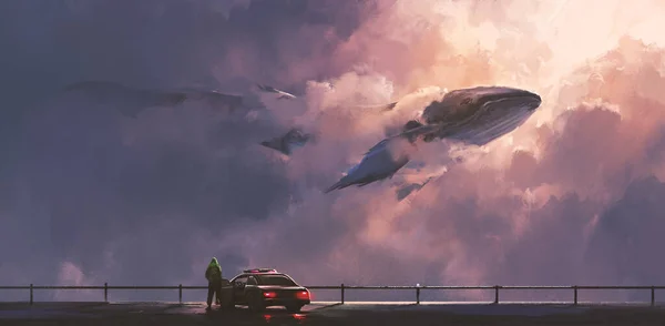 Whale Passing Clouds Illustration — Stock Photo, Image