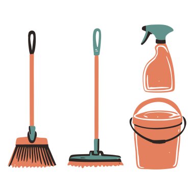 Süpürge, paspas, sprey şişesi ve kova gibi el yapımı temizlik aletleri. Hijyen, temizlik ve temizlik tasarımı için mükemmel..