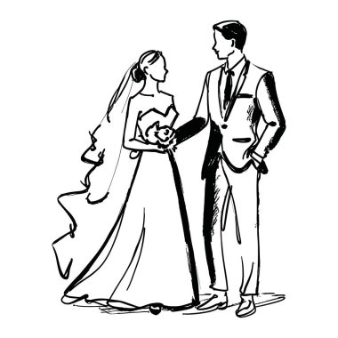 Elle çizilmiş çift düğün pozu skeci zarif minimalist tarzda. Düğün kartları, logolar ve romantik dekorlar için mükemmel..