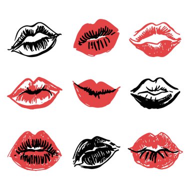 Kırmızı dudak ifadesi yarım yamalak vektör biçiminde çizilmiş. Güzellik posteri, pop sanat teması ve kozmetik tasarımları için ideal..