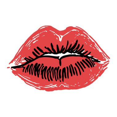 Ruj desenli kırmızı parlak dudakların yakın çekim vektörü. Moda, güzellik reklamları ve kozmetik ürünler için mükemmel..