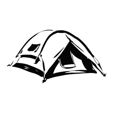 El çizimi kamp çadırı ve açılı perspektif. Açık hava seyahati tasarımları, macera posterleri ve doğa ikonları için harika..