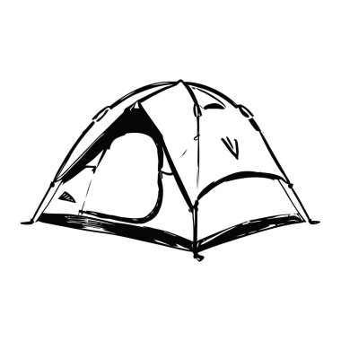 Siyah eskiz tarzında bir kamp çadırı. Açık hava posterleri, yürüyüş grafikleri ve seyahat markaları için ideal..