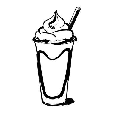 Sütlü milkshake 'in sanatsal vektörü. Üstünde krema var. Tatlı dükkanı logoları, içecek sanatı ve kafe pazarlama için ideal..