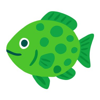 Playful green fish with round spots in a flat cartoon style. Perfect for underwater themes, kids graphics, sea life designs, and aquatic educational materials.