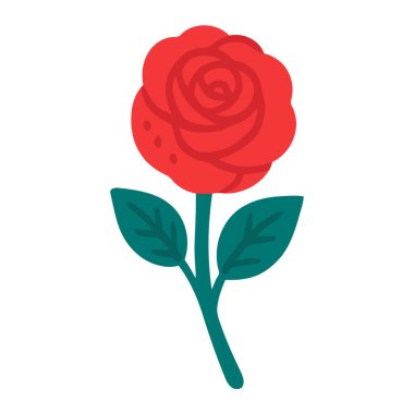 Yeşil yapraklı, düz, klasik kırmızı gül. Romantik temalar, çiçek dekoru, tebrik kartları, botanik tasarımlar ve doğa grafikleri için ideal..
