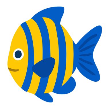 Düz çizgi film tarzında koyu sarı ve mavi çizgileri olan parlak tropikal balıklar. Okyanus temaları, çocuk grafikleri, akvaryum tasarımları ve deniz dekorasyonları için harika..