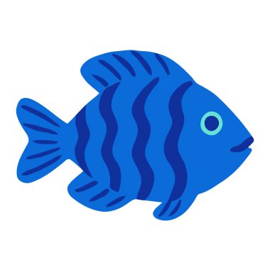 Dalgaya benzer çizgileri olan canlı mavi balıklar neşeli bir düz stile sahipler. Deniz temalı grafikler, çocuk malzemeleri, su kültürü konuları ve dekoratif tasarımlar için harika..