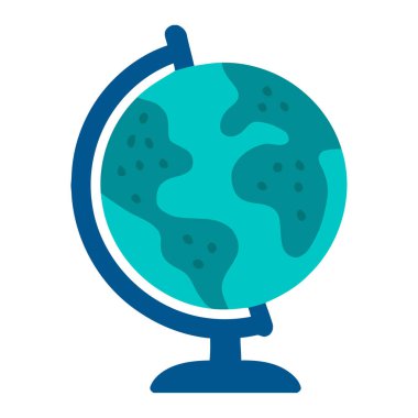 Düz stil dünya küresi bir masaüstü standında kıtaları gök mavisi tonlarında gösteriyor. Eğitim materyalleri, coğrafya temaları, seyahat kavramları ve küresel tasarım projeleri için harika.