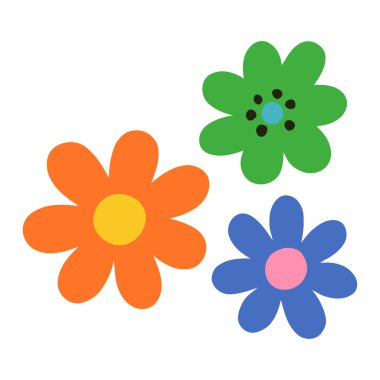 Turuncu, yeşil ve mavi renkli üç çiçek seti. Botanik dekoru, bahar temaları, neşeli tasarımlar ve çocuk grafikleri için mükemmel..