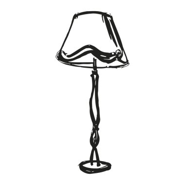 Bükülmüş saplı ve basit gölge tasarımlı bir masa lambasının siyah-beyaz çizimi. Minimalist ve zarif, bu lamba ev dekorasyonu ve iç tasarım için mükemmel. Basit çizgiler ve klasik tarz onu herhangi bir oda için çok yönlü bir aksesuar yapar,