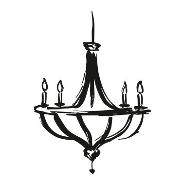 Zarif ev dekorunda beş mum bulunan süslü bir avize çizimi. siyah ve beyaz sanat eserleri karmaşık detaylar ve sofistike tasarım ile lüks aydınlatma armatürünü sergiliyor, yumuşak ve klas parlayan her odaya sıcaklık ve ortam ekliyor.