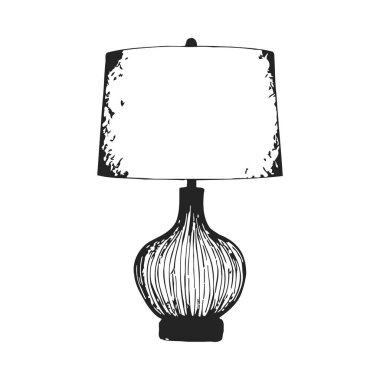 Süslü detayları ve basit gölgesi olan klasik bir masa lambasının zarif siyah-beyaz çizimi. Lamba, dizaynına doku ekleyerek dikey çizgileri olan belirgin yuvarlak bir tabana sahiptir. Modern ama zamansız estetiği onu çok yönlü yapıyor.