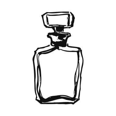 Lüks parfüm şişesinin basit ama zarif bir tasviri. Üst düzey parfüm ambalajı ve markalaşması sergileniyor. Siyah ve beyaz çizim kozmetik ürünlerin sofistike ve stilini vurguluyor, bu da onu pazarlama ve reklam amacı için ideal kılıyor.