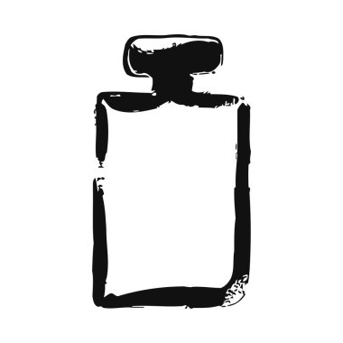 Kişisel bakım ve güzellik ürünlerinde lüks ve sofistike bir şekilde sunulan bir parfüm şişesinin zarif siyah beyaz çizimi. Minimalist tasarım, parfüm ambalajının klasik ve zamansız cazibesini vurgular, evo