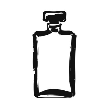 Zarif bir tasarım sergileyen lüks bir parfüm şişesinin basit siyah beyaz çizimi. Zarif ve zarif koku ambalajı lüks ve yüksek kalitede, güzellik markalaştırma ve pazarlama kampanyaları için mükemmel..
