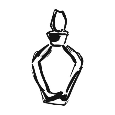 Lüks parfüm ve kozmetik ürünlerini temsil eden bir parfüm şişesinin basit siyah beyaz çizimi. Zarif tasarım unsurları parfüm ambalajının güzelliğini ve tarzını vurgular, sofistike ve yüksek-en 'i vurgular.