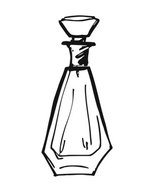 Benzersiz geometrik şekilli ve şık durduruculu zarif parfüm şişesinin basit siyah beyaz çizimi. Şişe, kendine özgü bir tasarım, lüks bir his ve lüks bir koku ve kaliteli kozmetik markası için mükemmel bir sofistike özelliğe sahiptir. Basit.