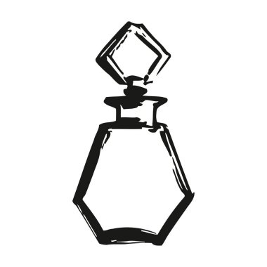 Zarif bir parfüm şişesi. Altıgen bir şekli var. Elmas şeklinde bir tıpası var. Sofistike tasarım ve lüks koku cazibe ve zarafeti çağrıştırıyor. Üst düzey güzellik ve kozmetik markalaşması için mükemmel. Benzersiz ve durgun