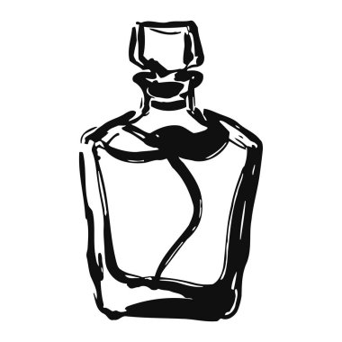 Durduruculu bir parfüm şişesinin zarif siyah beyaz çizimi. Basit ve minimalist tasarım. Parfüm şişesinin zarif şeklini ve tarzını gösteriyor. Lüks ve güzellikle ilgili içerik için mükemmel, zarafet ve temsilciliği vurguluyor.