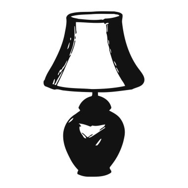 Vazo şeklindeki özgün tabanlı klasik bir masa lambasının basit siyah beyaz çizimi. Lambanın kıvrımlı bir gölgesi ve minimalist tasarım unsuru var. Her odada sıcak ve davetkar bir ortam yaratıyor. Lambanın silueti zarif ve yumuşak