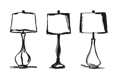 Ayrı tasarım ve gölgeli üç masa lambası, siyah beyaz çizilmiş, benzersiz stiller sergiliyor. Zarif ve modern, bu lambalar ev dekorasyonu için mükemmel, her odaya biraz incelik katıyor. Basit ama etkili.