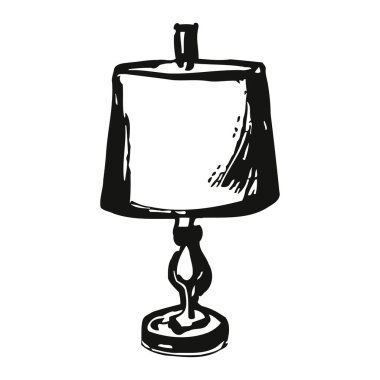 Abajur ve dekoratif tabanlı bir masa lambasının basit siyah-beyaz çizimi. Ev dekorasyonu ve iç ortam için zarif ve klasik tasarım öğesi. Yumuşak ışıklandırma efektleri, minimalist ve gelenek için mükemmel, rahat bir atmosfer yaratır.
