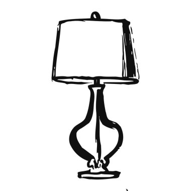 Basit çizgiler ve minimalist estetik içeren zarif masa lambası çizimi. Beyaz arka planda abajur olan klasik bir lambanın siyah silueti, ev dekoru ve iç tasarımında kullanılan modern ve sanatsal bir tasarım unsurunu sergiliyor. Basit.