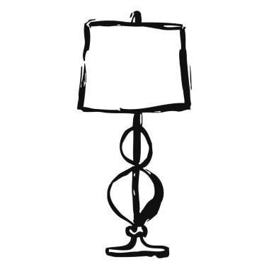 Çift dairesel tabanlı ve dikdörtgen abajurlu bir masa lambasının basit siyah beyaz çizimi. Ev dekorasyonu ve minimalist iç tasarım projeleri için uygun zarif ve modern tasarım benzersiz bir şey sergiliyor.