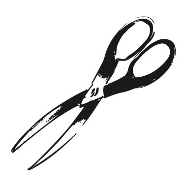 Açık bıçaklı keskin makas beyaz arka planda siyah beyaz gösteriliyor. Kalın çizgiler ve zıt renkler kesme aracının keskinliğini ve işlevselliğini vurgulayarak çarpıcı bir görsel efekt yaratır.