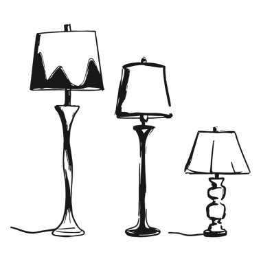 Farklı tasarım ve yüksekliklerden oluşan üç masa lambası bir arada durarak uyumlu bir görüntü yaratıyor. Her lambanın kendine has bir tabanı ve gölgesi vardır, herhangi bir odanın dekoruna karakter katar. Basit, elle çizilmiş bir şekilde çizilmişler, farklı şekillerini gösteriyorlar.