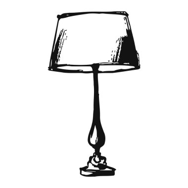 Benzersiz tasarım elementi olan zarif bir masa lambasının basit siyah beyaz çizimi. Lamba ince bir gövdeye ve düz, geniş bir gölgeye sahiptir, her odada sofistike bir ortam yaratır, ev dekorasyonu ve minimal iç tasarım için mükemmeldir. Lighti.
