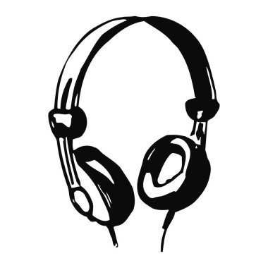 Kulaklıkların siyah ve beyaz çizimi, müziği sembolize ediyor ve yüksek kaliteli ses deneyimi ve yüksek kaliteli ses dinleme teknolojisi.