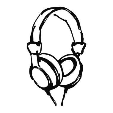 Kablolu kulaklıkların siyah-beyaz çizimi parlak tasarım ve profesyonel kullanım ve kişisel eğlence için yüksek kaliteli ses teknolojisi sergiliyor.